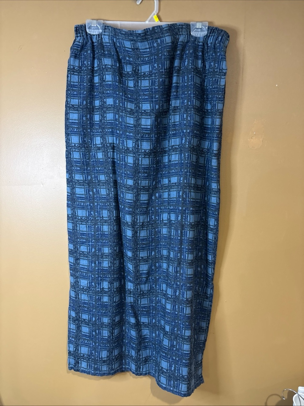 HC959 Women's I.V.Y Stretch Blue Checker Maxi Skirt/ Pull Up  & Side Slit Size L